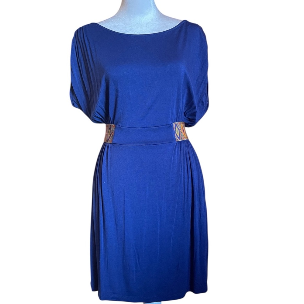 Soprano Blue Mini Sheath Dress Boatneck Drop Sleeves Tribal Design Size Large